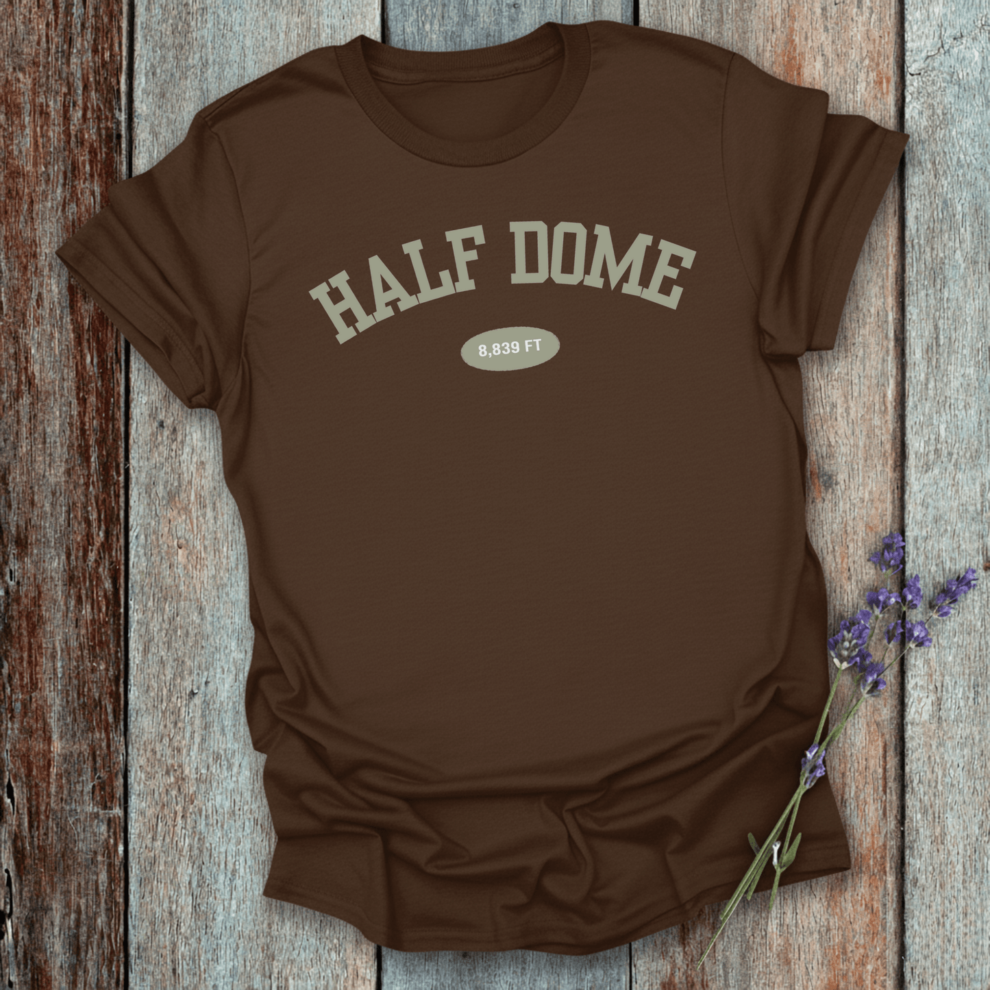 Printify T-Shirt Dark Chocolate / S Half Dome 8,839 FT Varsity