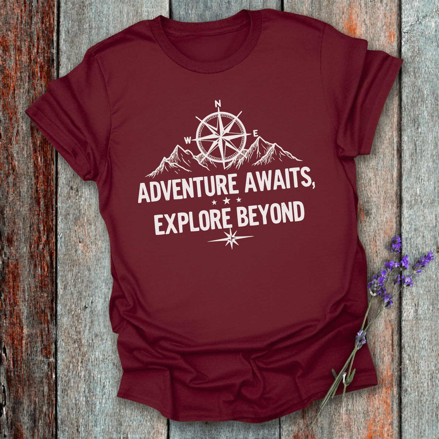 Printify T-Shirt Maroon / S Adventure Awaits Explore Beyond