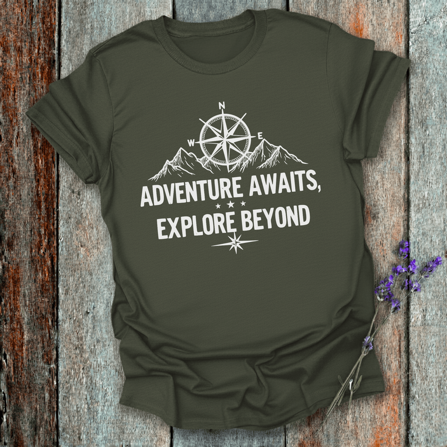 Printify T-Shirt Military Green / S Adventure Awaits Explore Beyond