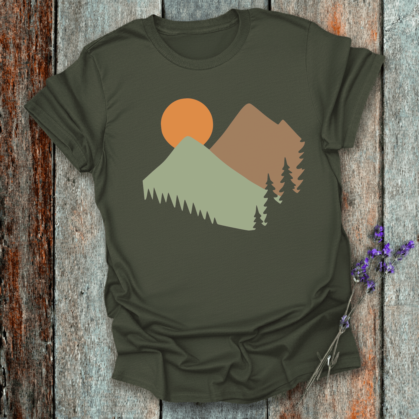 Printify T-Shirt Military Green / S Mountain sunrise