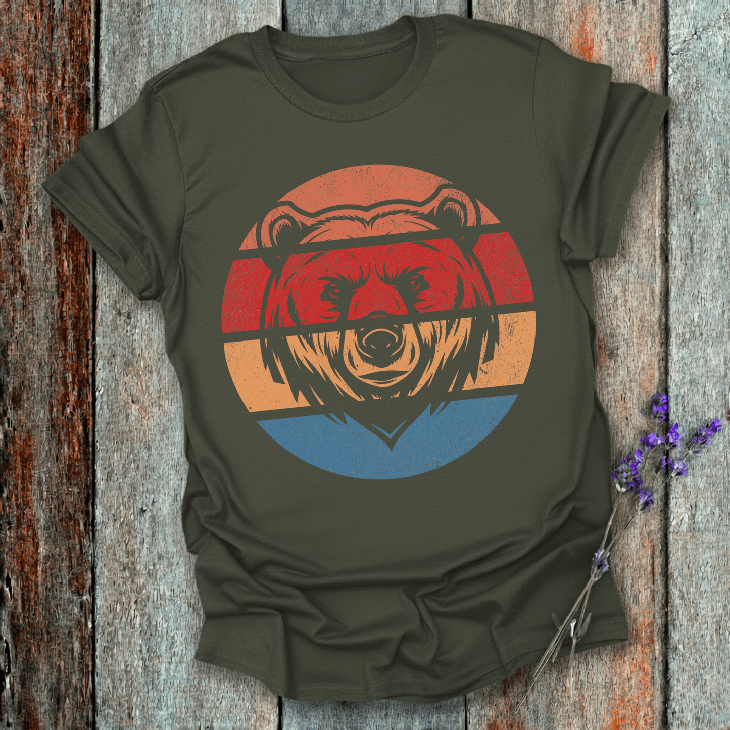 Printify T-Shirt Military Green / S Retro Sunset Bear