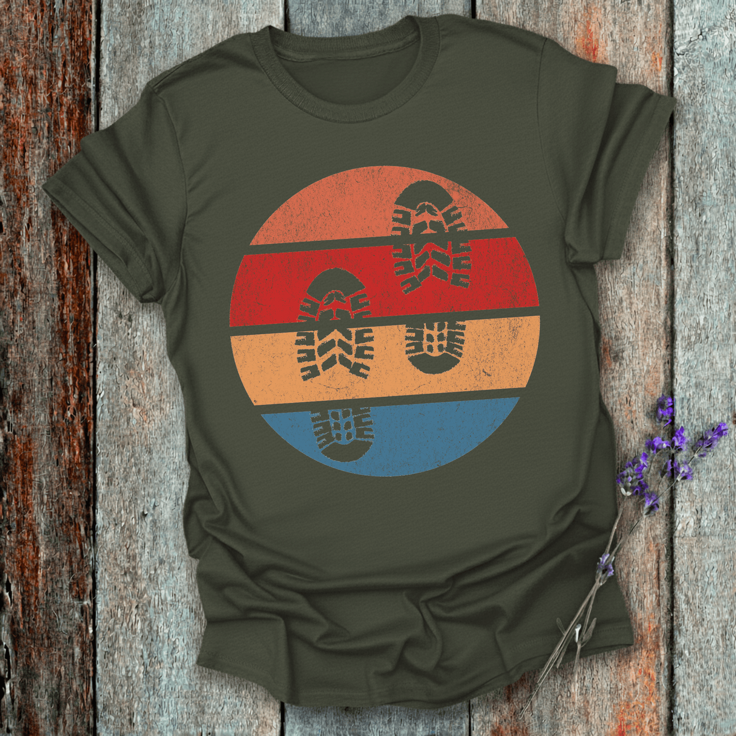 Printify T-Shirt Military Green / S Retro Sunset Hiking Footprints