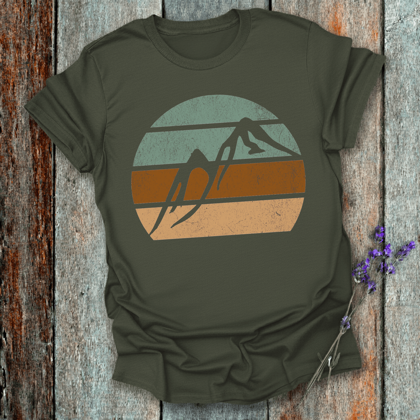 Printify T-Shirt Military Green / S Retro Sunset Mountains