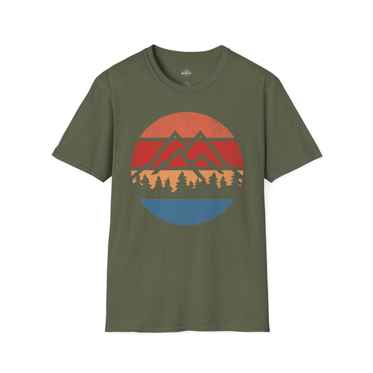 Printify T-Shirt Military Green / S Retro Sunset Mountains and Trees