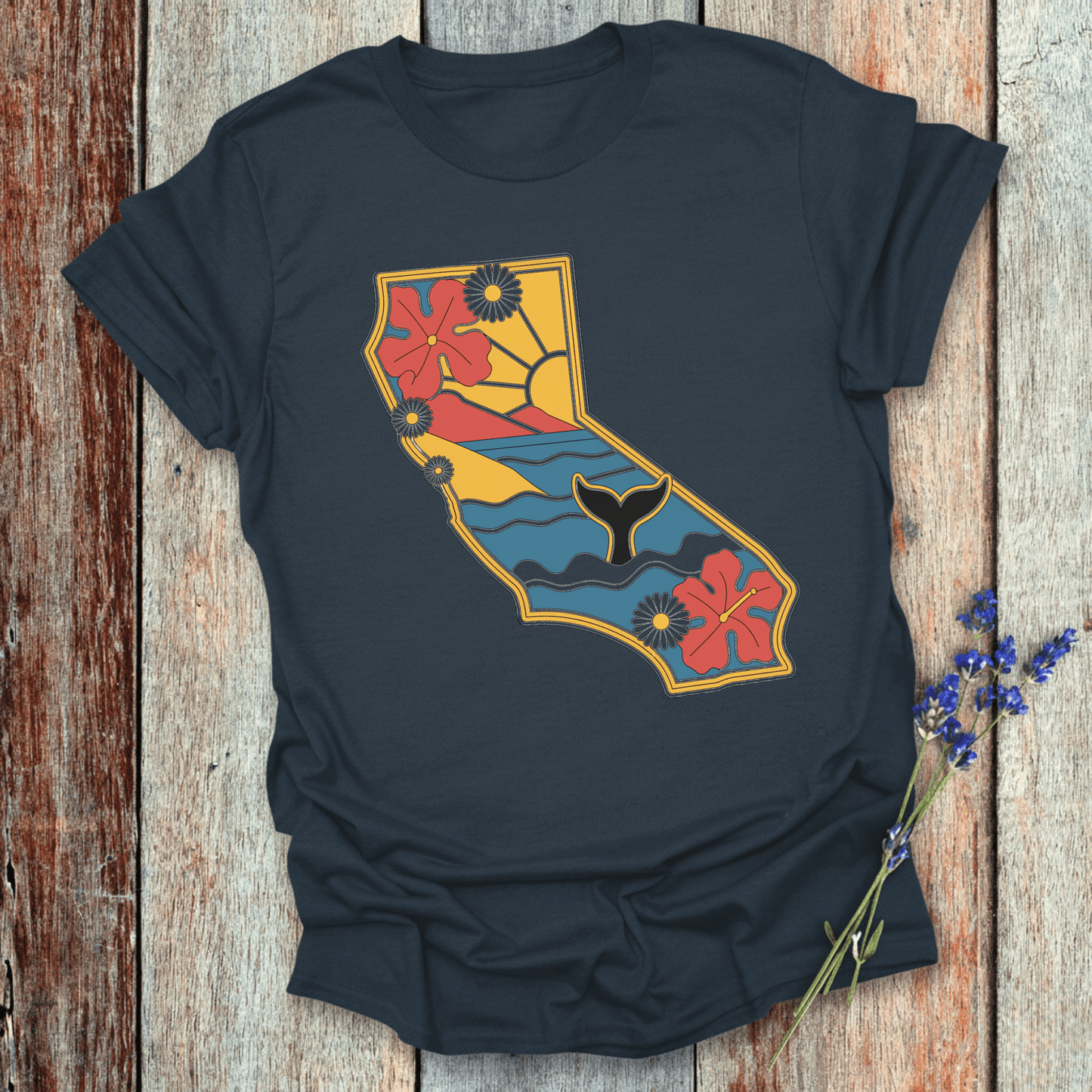 Printify T-Shirt Navy / XS California Floral Whales