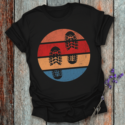 Printify T-Shirt Black / XS Retro Sunset Hiking Footprints