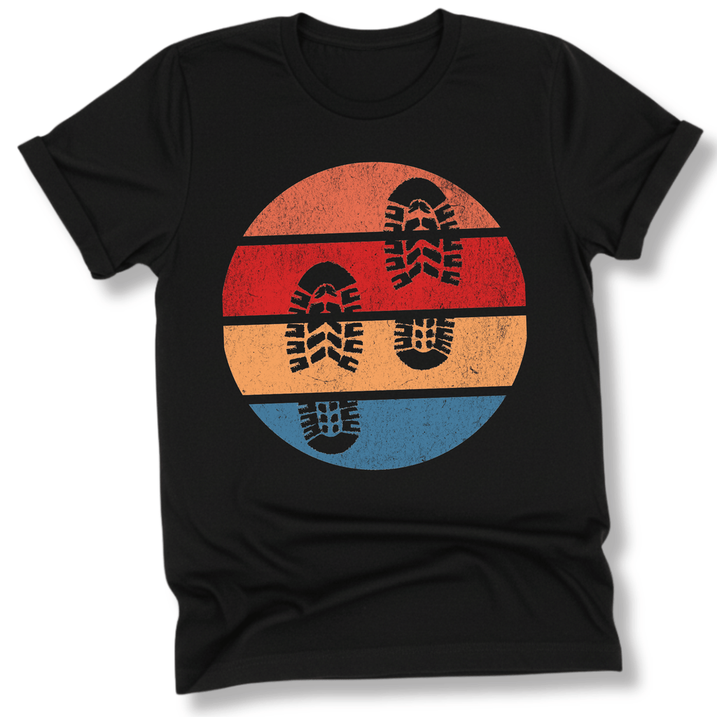 Printify T-Shirt Black / XS Retro Sunset Hiking Footprints