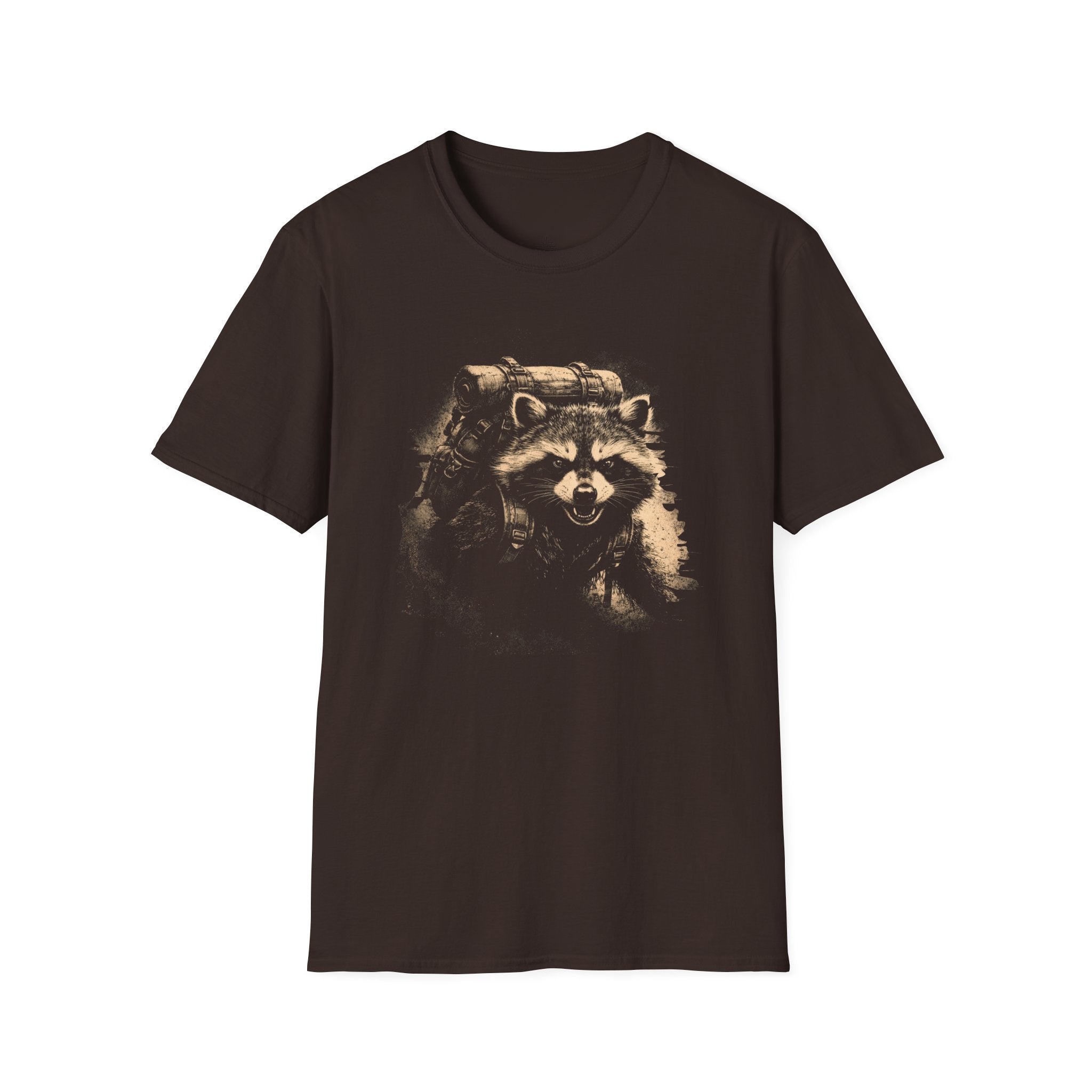 Printify T-Shirt Dark Chocolate / S Hiking Raccoon