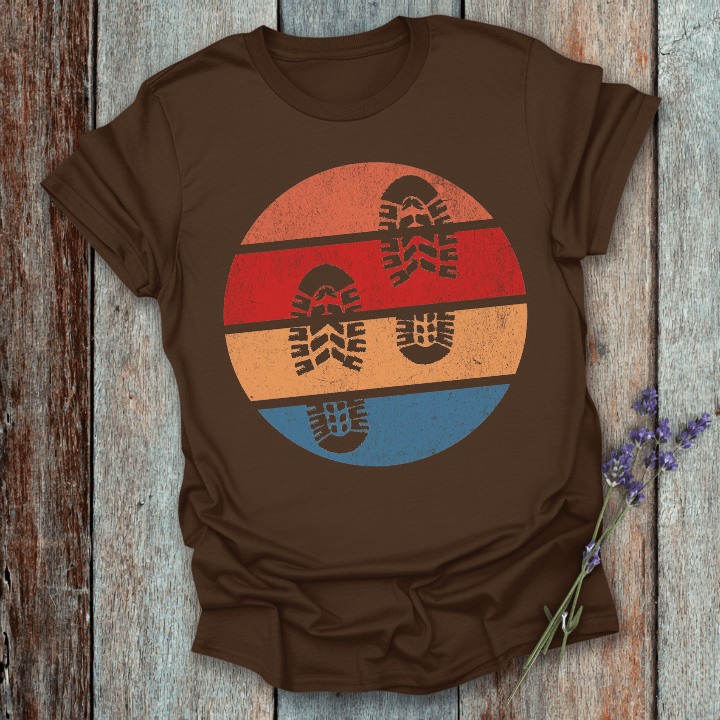 Printify T-Shirt Dark Chocolate / S Retro Sunset Hiking Footprints