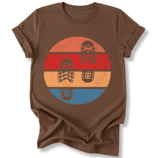 Printify T-Shirt Dark Chocolate / S Retro Sunset Hiking Footprints