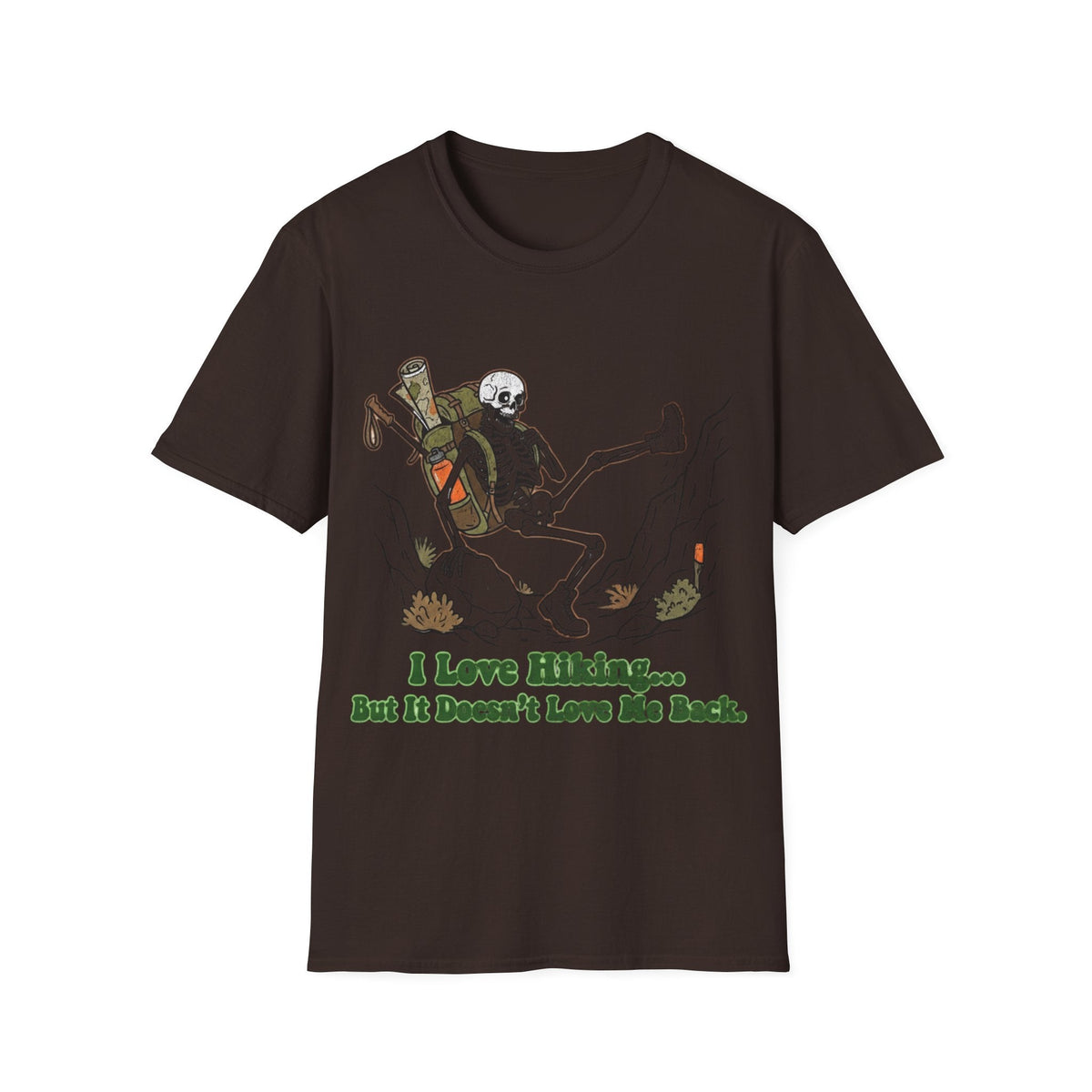Printify T-Shirt Dark Chocolate / S Skeleton loves hiking