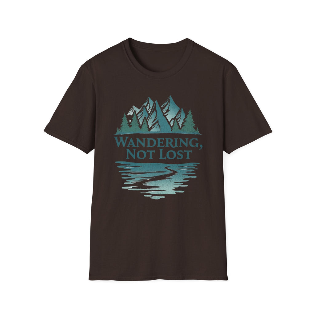 Printify T-Shirt Dark Chocolate / S Wandering Not Lost T-Shirt, Nature Lover Tee, Adventure Graphic Shirt, Gift for Hikers, Trendy Outdoor Apparel, Camping, Mountain lover