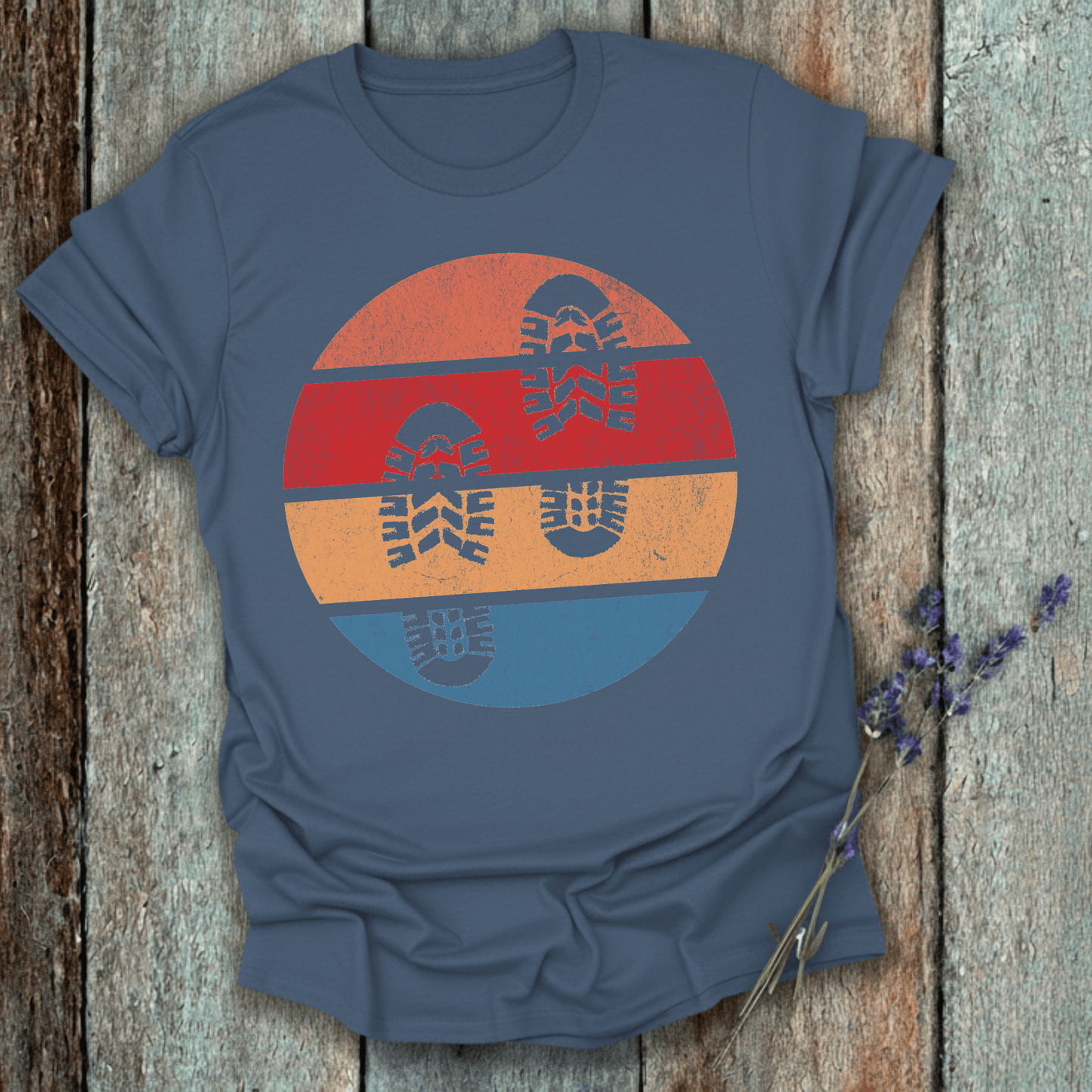 Printify T-Shirt Indigo Blue / S Retro Sunset Hiking Footprints