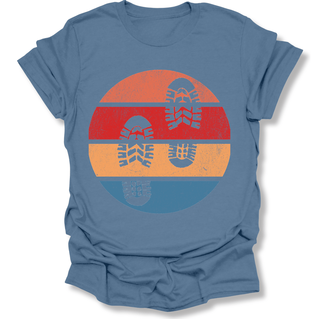 Printify T-Shirt Indigo Blue / S Retro Sunset Hiking Footprints