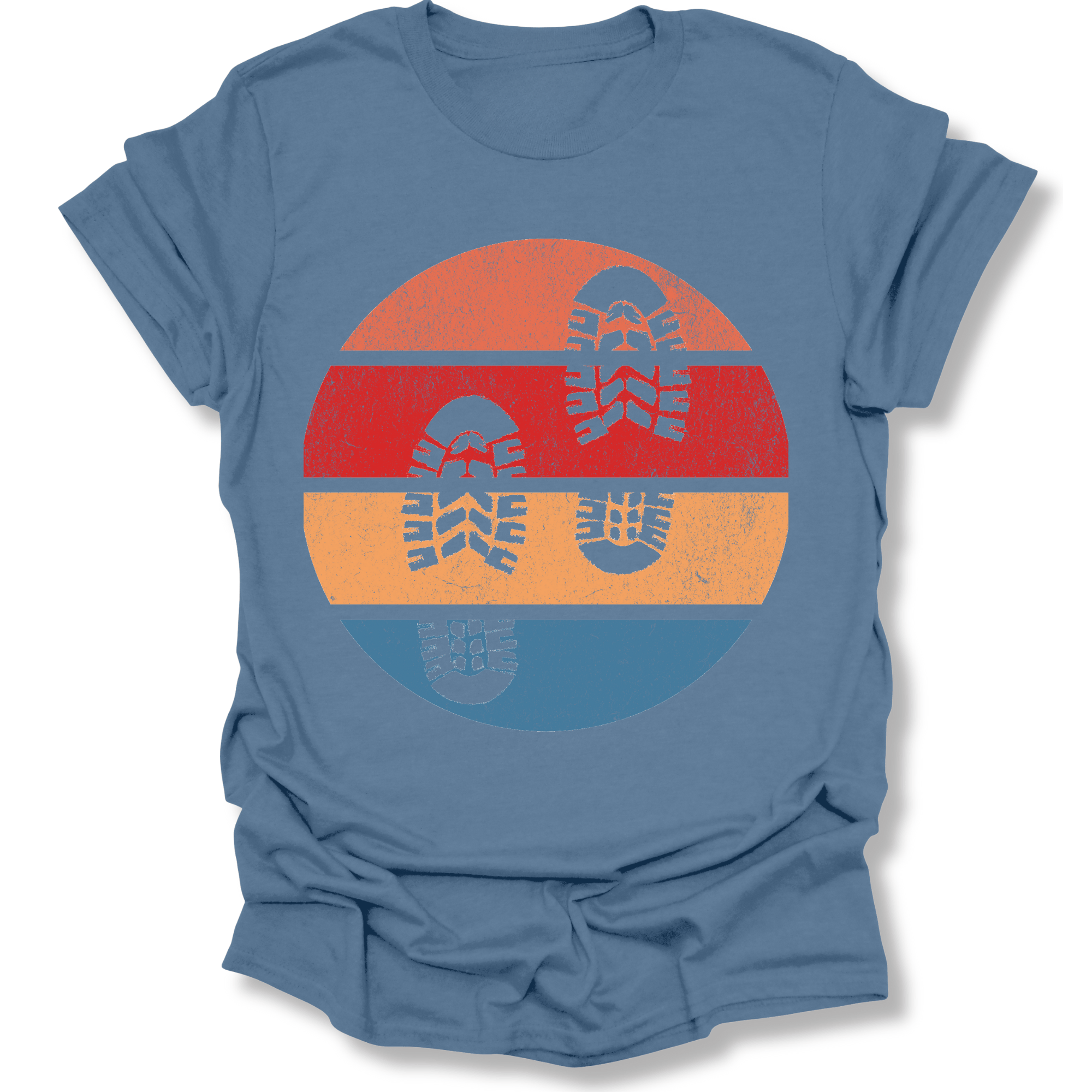 Printify T-Shirt Indigo Blue / S Retro Sunset Hiking Footprints