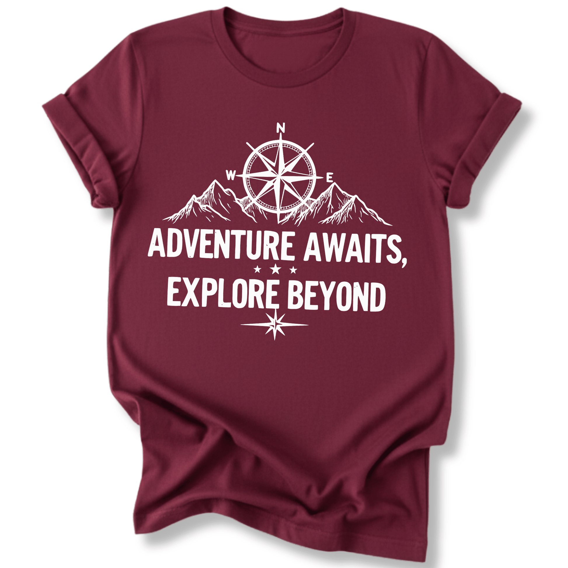 Printify T-Shirt Maroon / S Adventure Awaits Explore Beyond