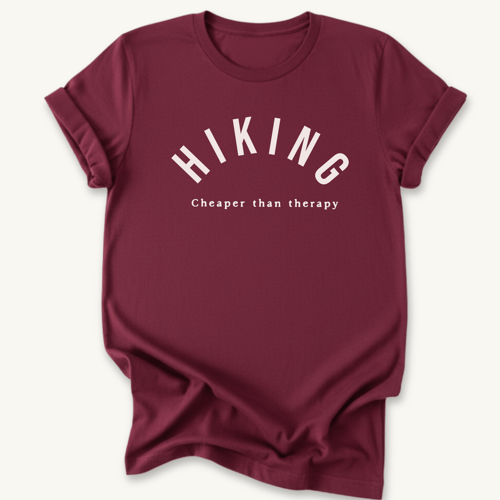 Printify T-Shirt Maroon / S Hiking  Cheaper Than Therapy