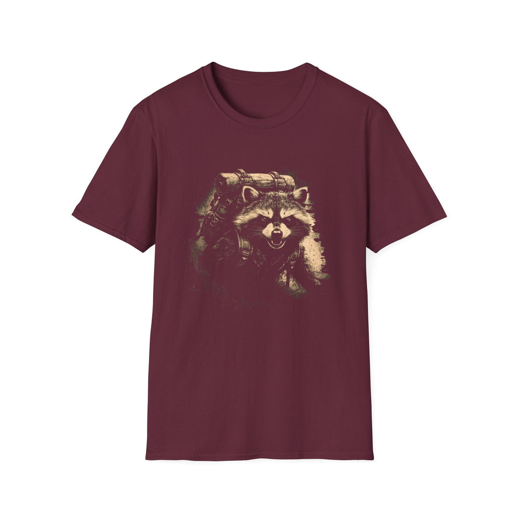 Printify T-Shirt Maroon / S Hiking Raccoon