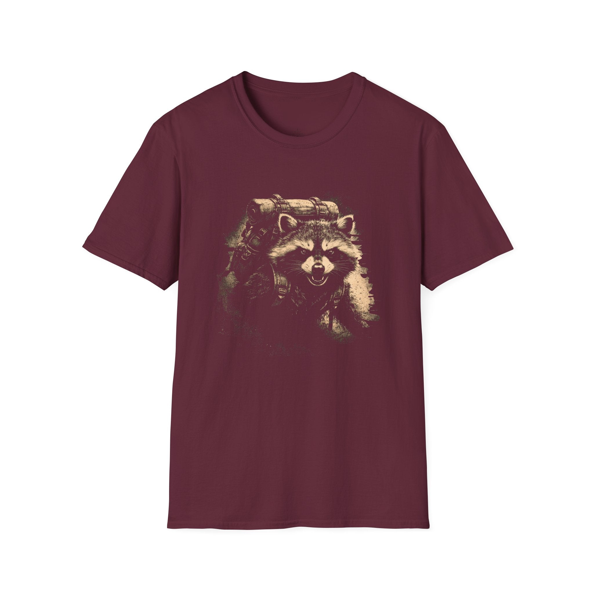 Printify T-Shirt Maroon / S Hiking Raccoon