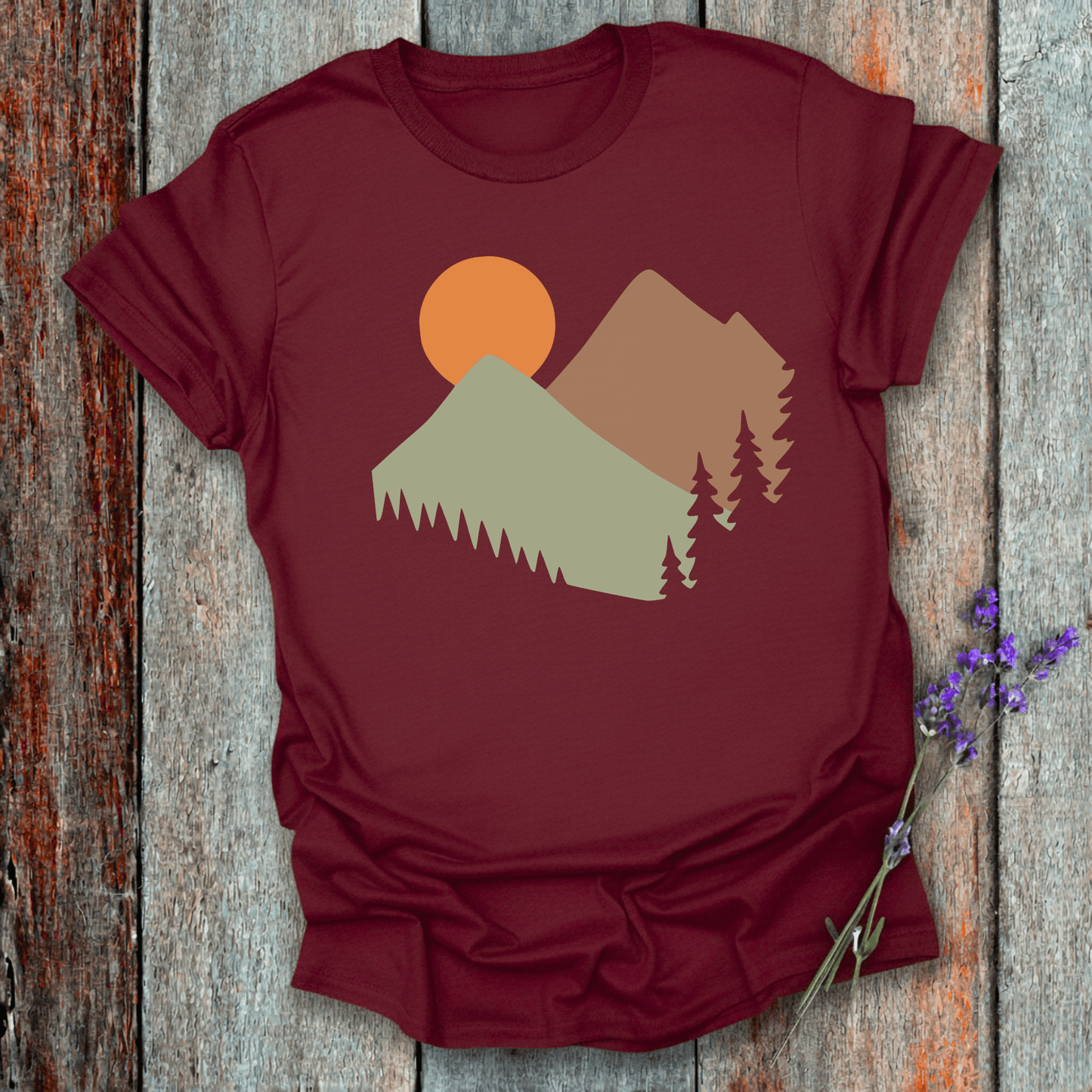 Printify T-Shirt Maroon / S Mountain sunrise