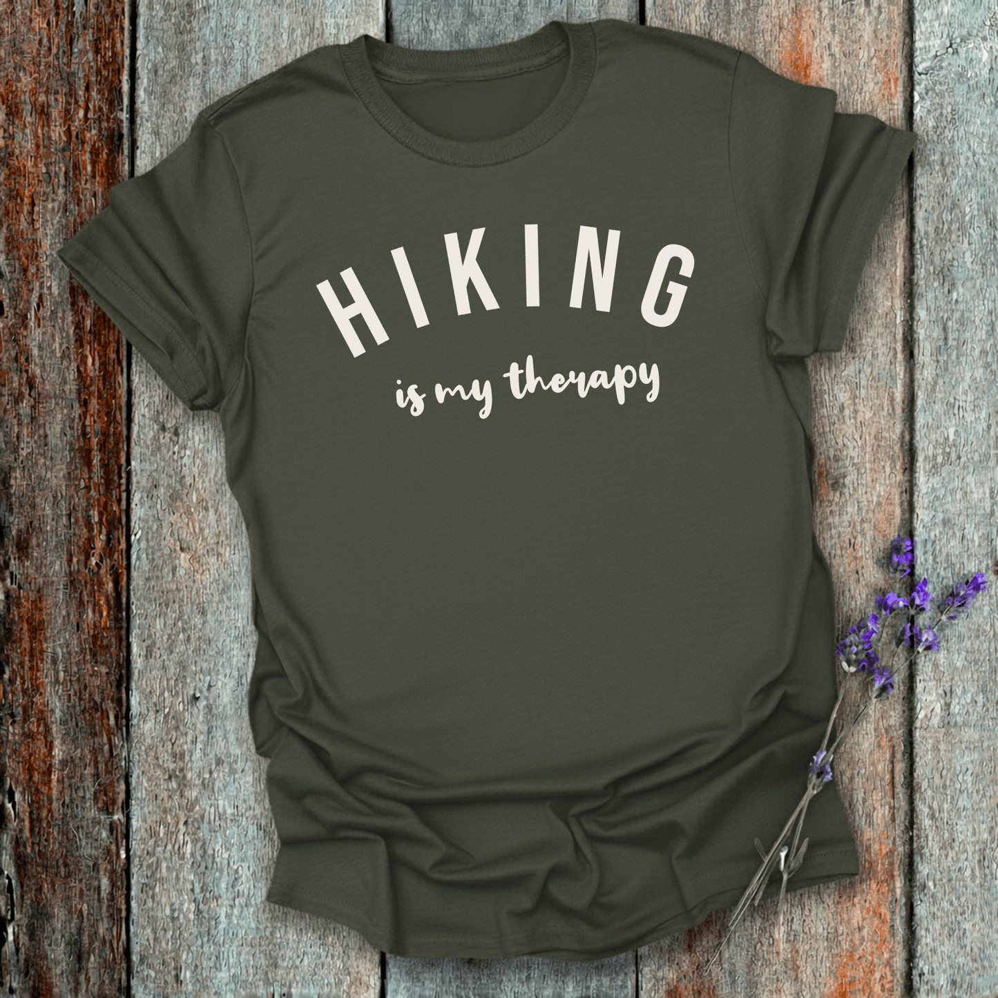 Printify T-Shirt Military Green / S Hiking is my therapy