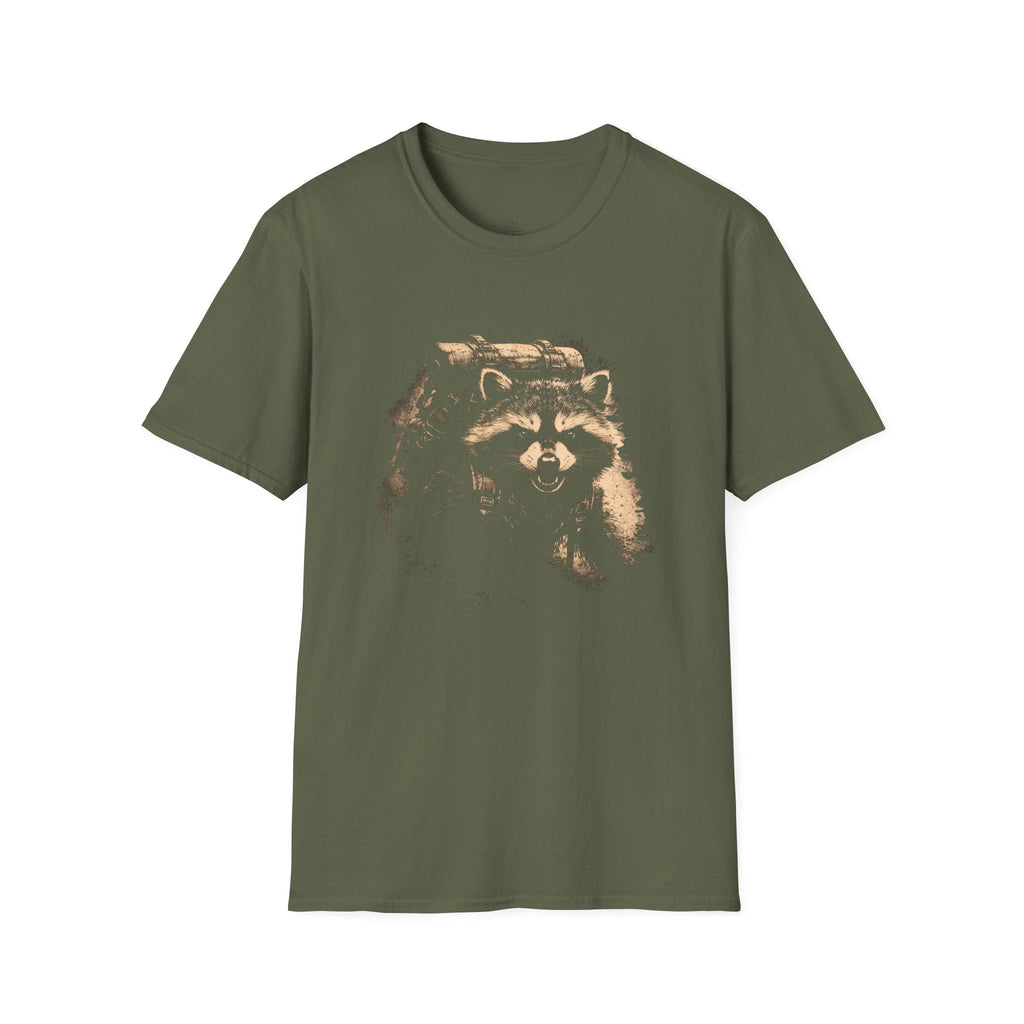 Printify T-Shirt Military Green / S Hiking Raccoon