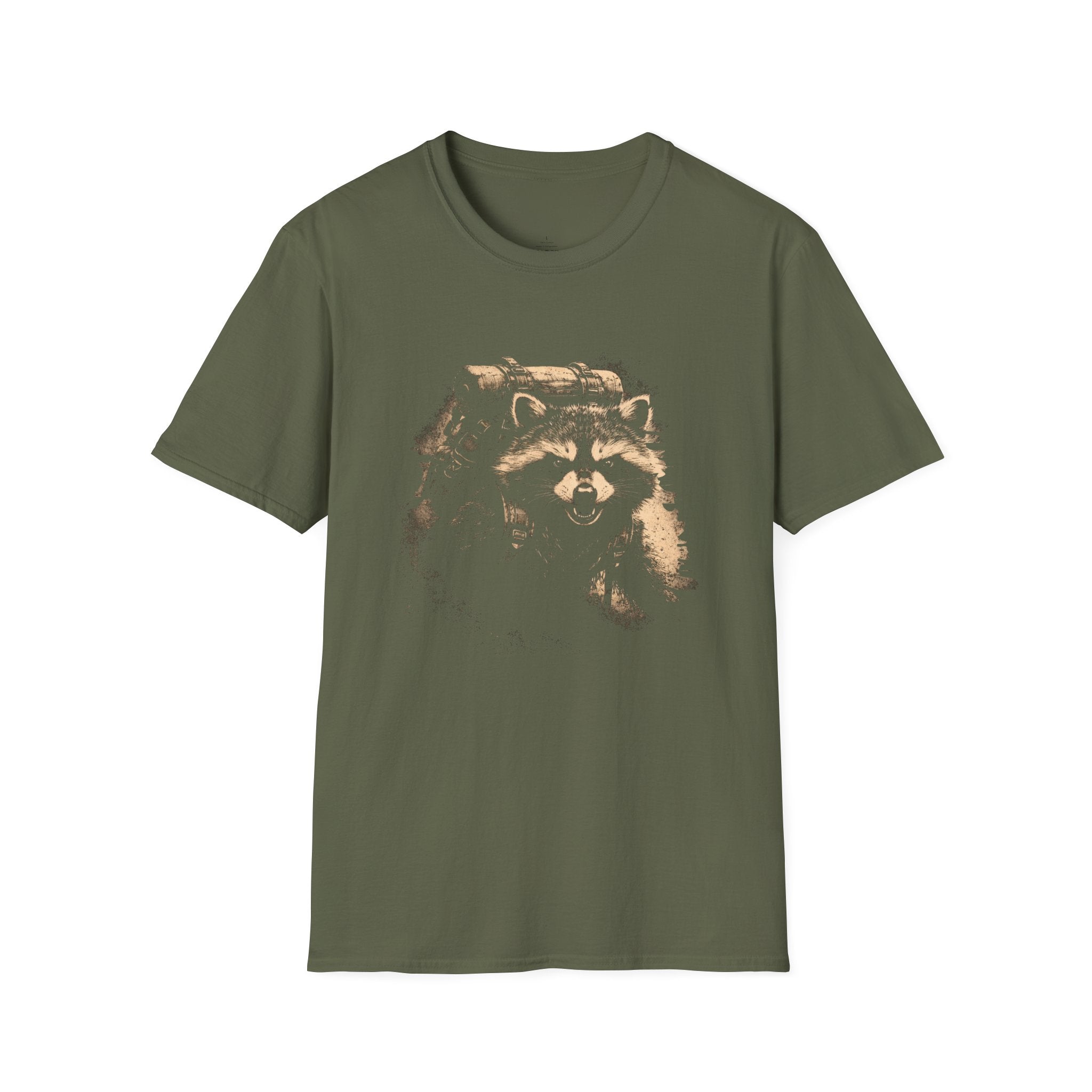 Printify T-Shirt Military Green / S Hiking Raccoon