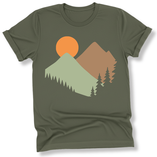 Printify T-Shirt Military Green / S Mountain sunrise