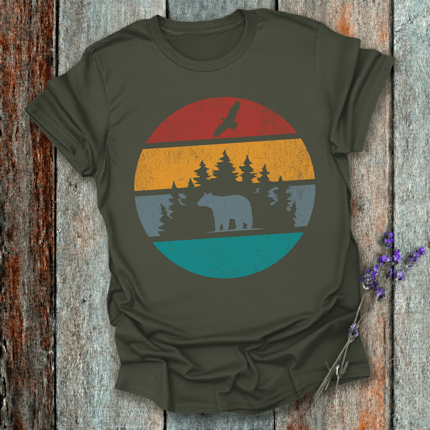 Printify T-Shirt Military Green / S Retro Sunset California Bear