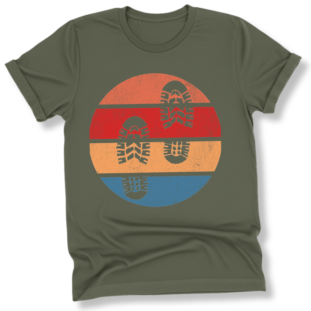 Printify T-Shirt Military Green / S Retro Sunset Hiking Footprints