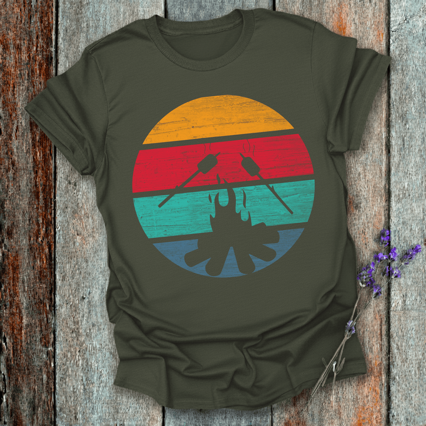 Printify T-Shirt Military Green / S Retro Sunset Roasted Marshmallows