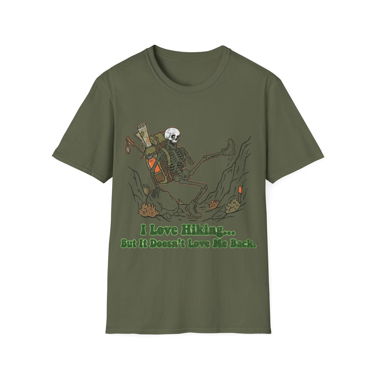 Printify T-Shirt Military Green / S Skeleton loves hiking