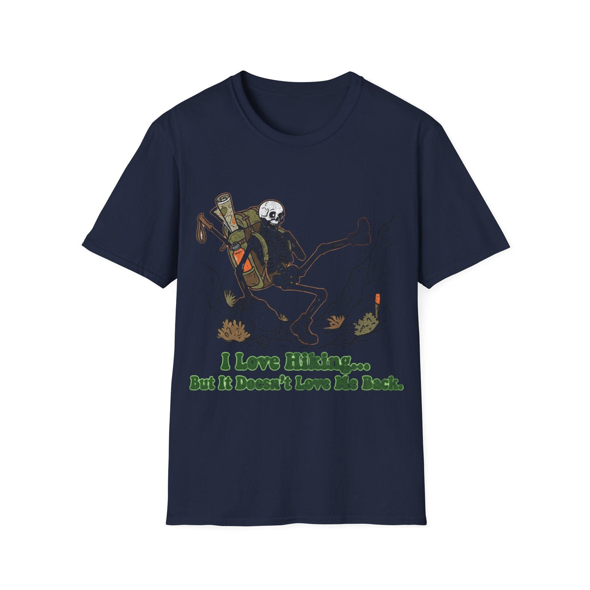 Printify T-Shirt Navy / S Skeleton loves hiking