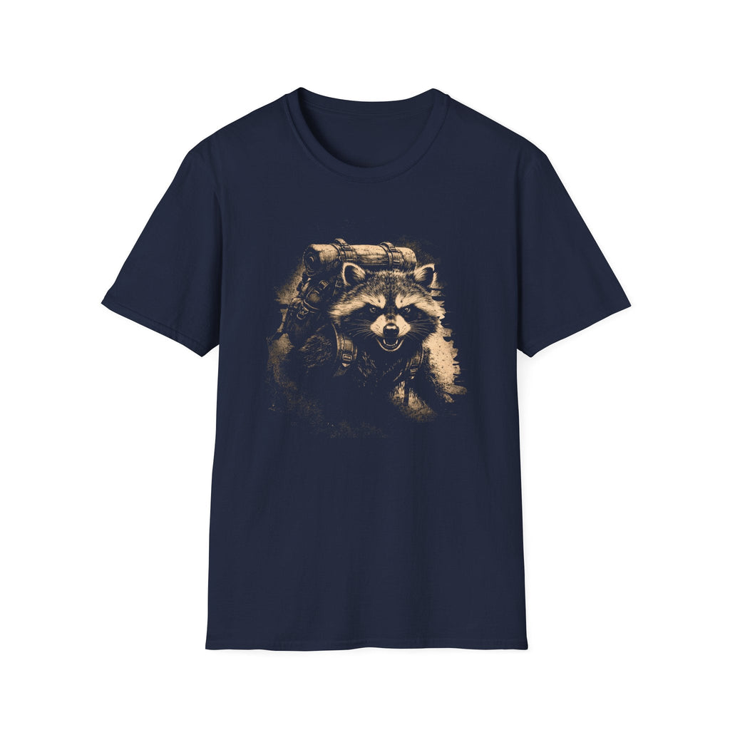 Printify T-Shirt Navy / XS Hiking Raccoon