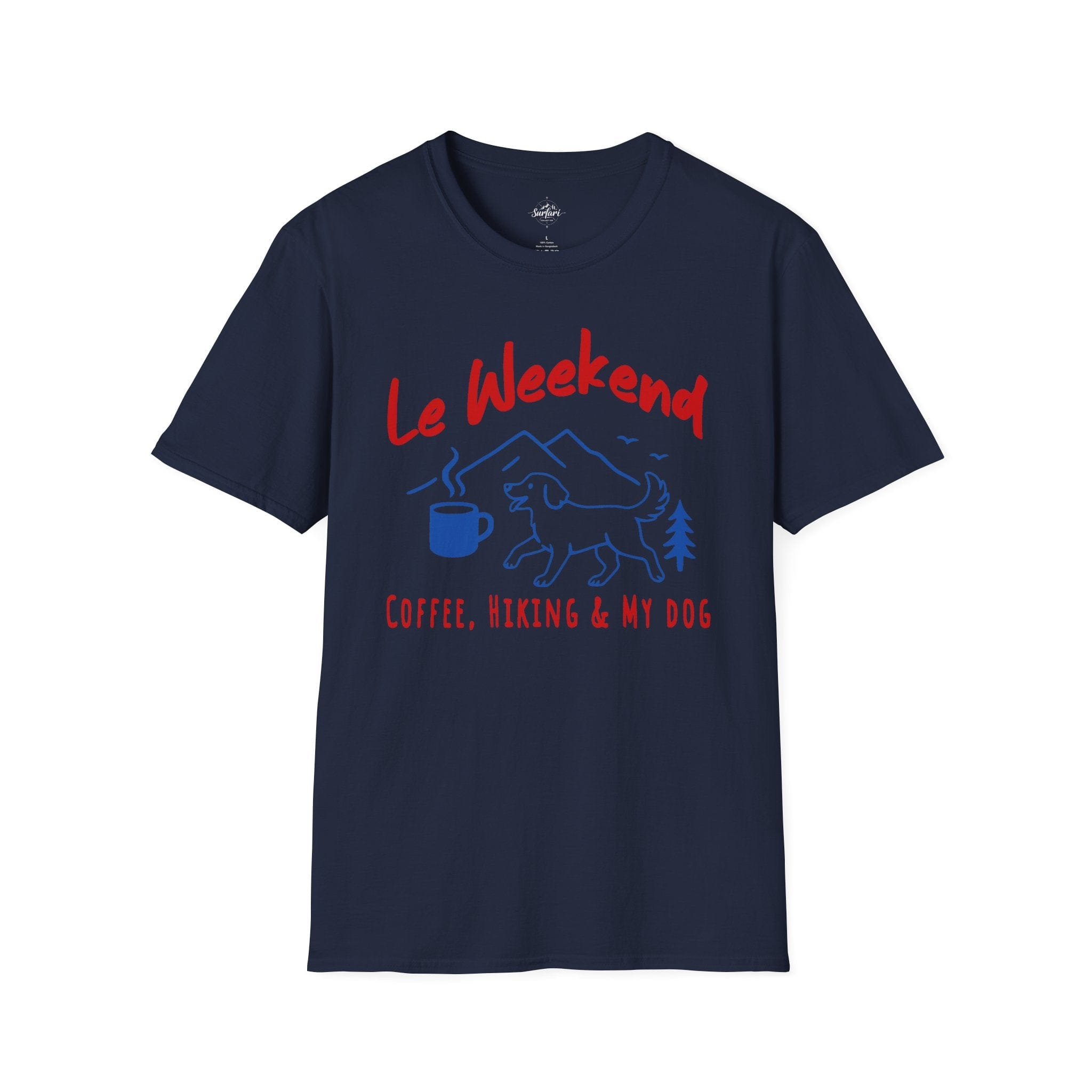 Printify T-Shirt Navy / XS Le Weekend Coffee, Hiking & My Dog