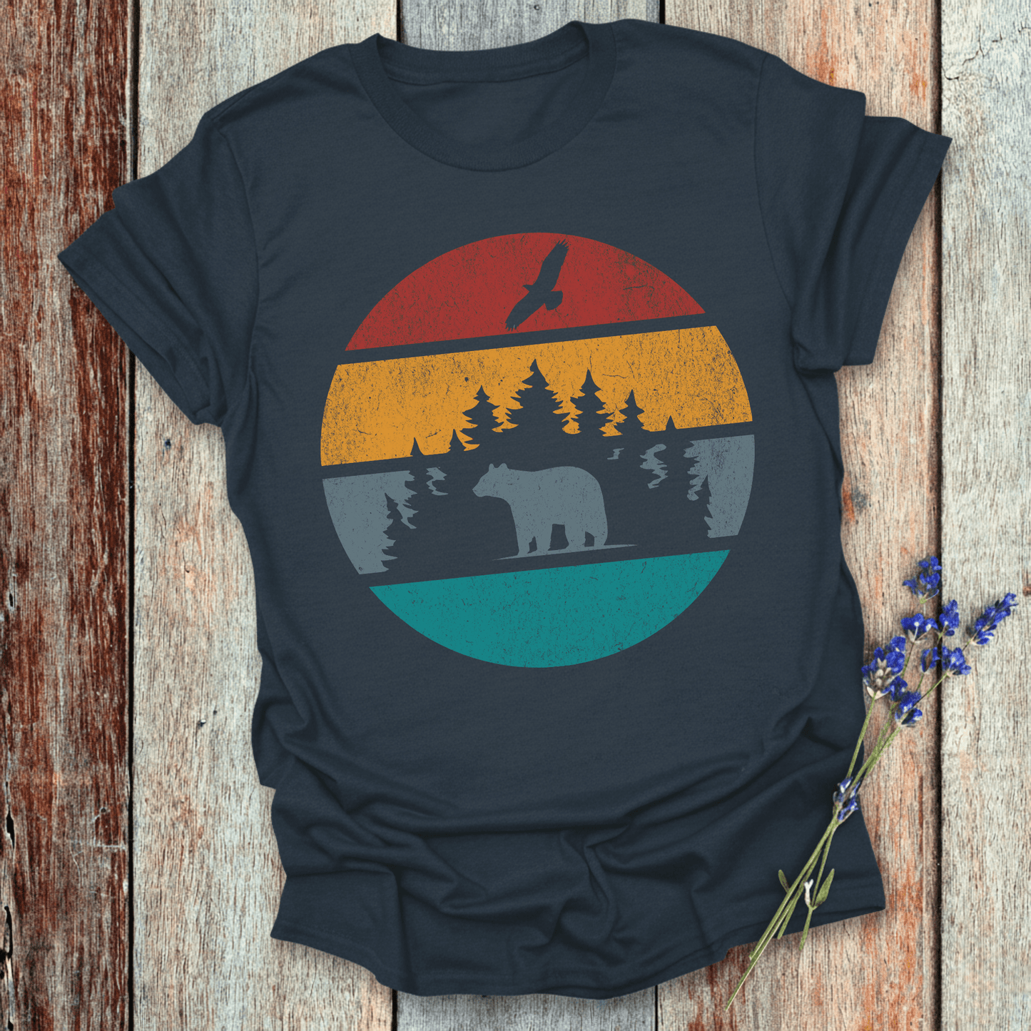 Printify T-Shirt Navy / XS Retro Sunset California Bear
