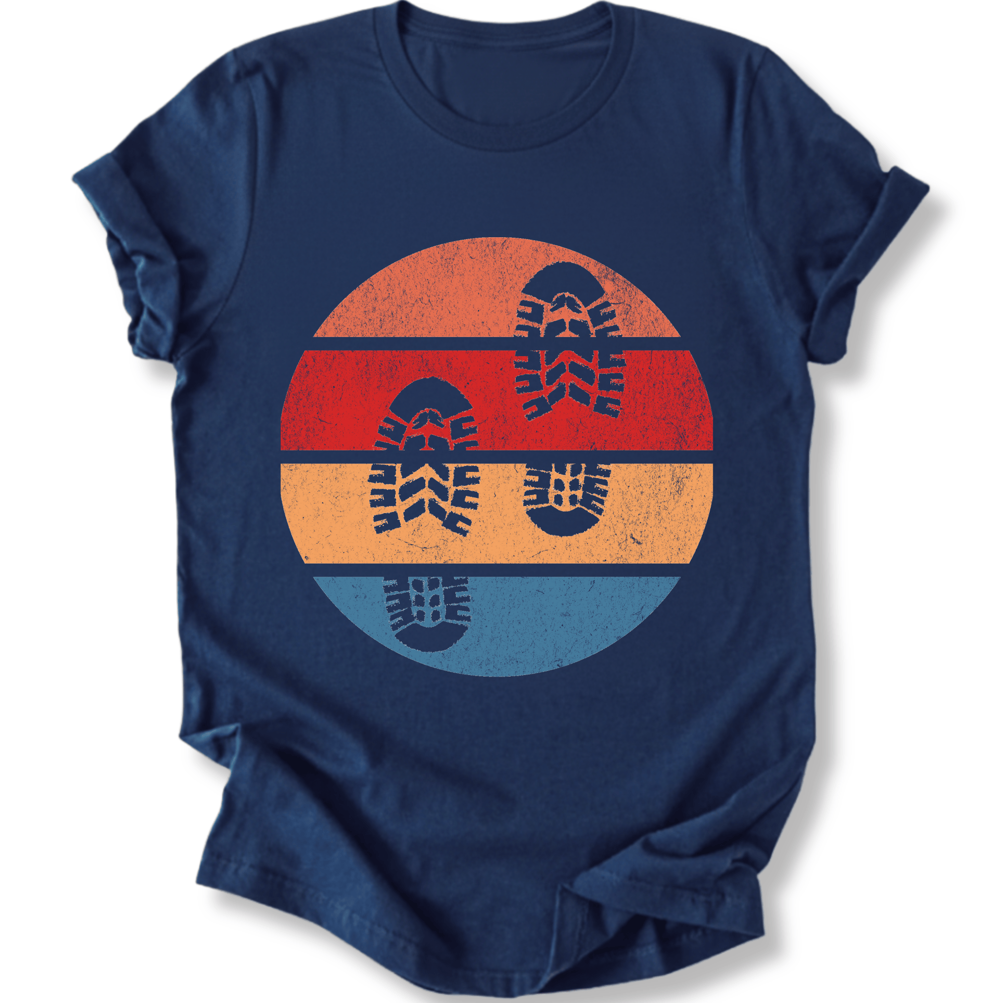 Printify T-Shirt Navy / XS Retro Sunset Hiking Footprints