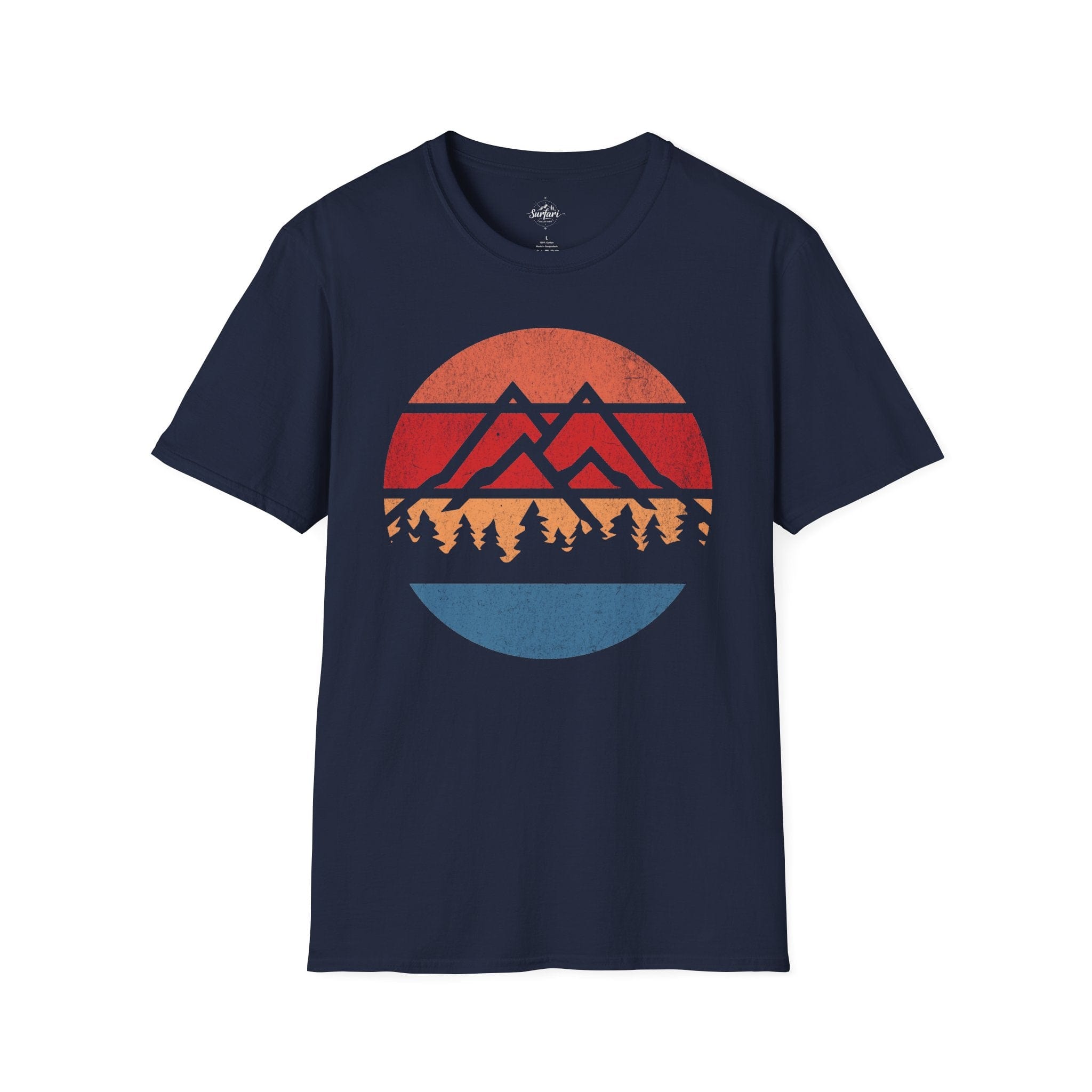 Printify T-Shirt Navy / XS Retro Sunset Mountains and Trees