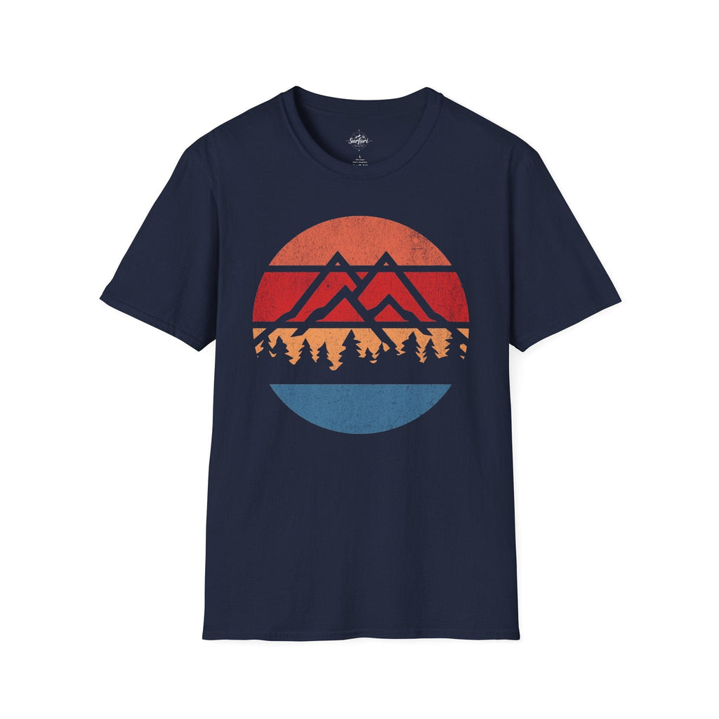 Printify T-Shirt Navy / XS Retro Sunset Mountains and Trees