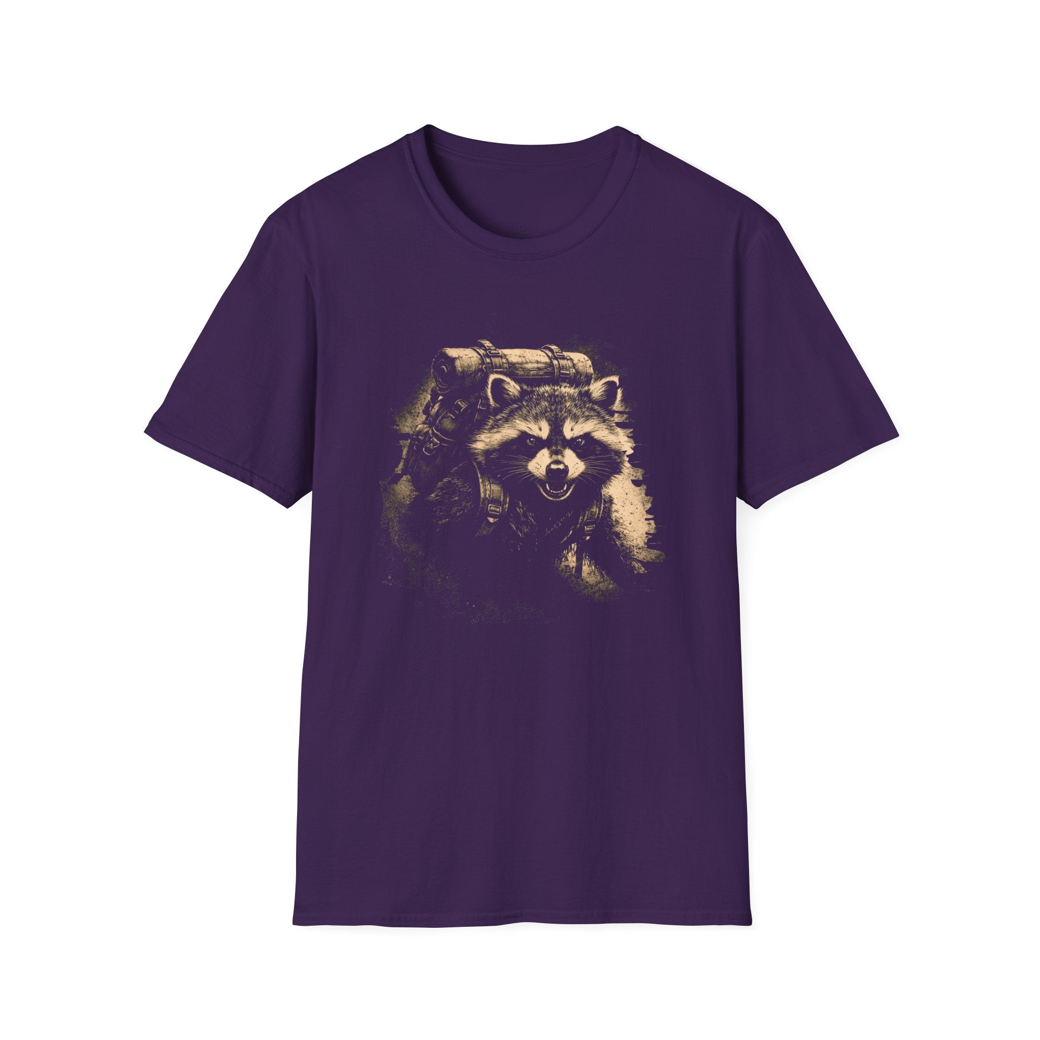 Printify T-Shirt Purple / S Hiking Raccoon