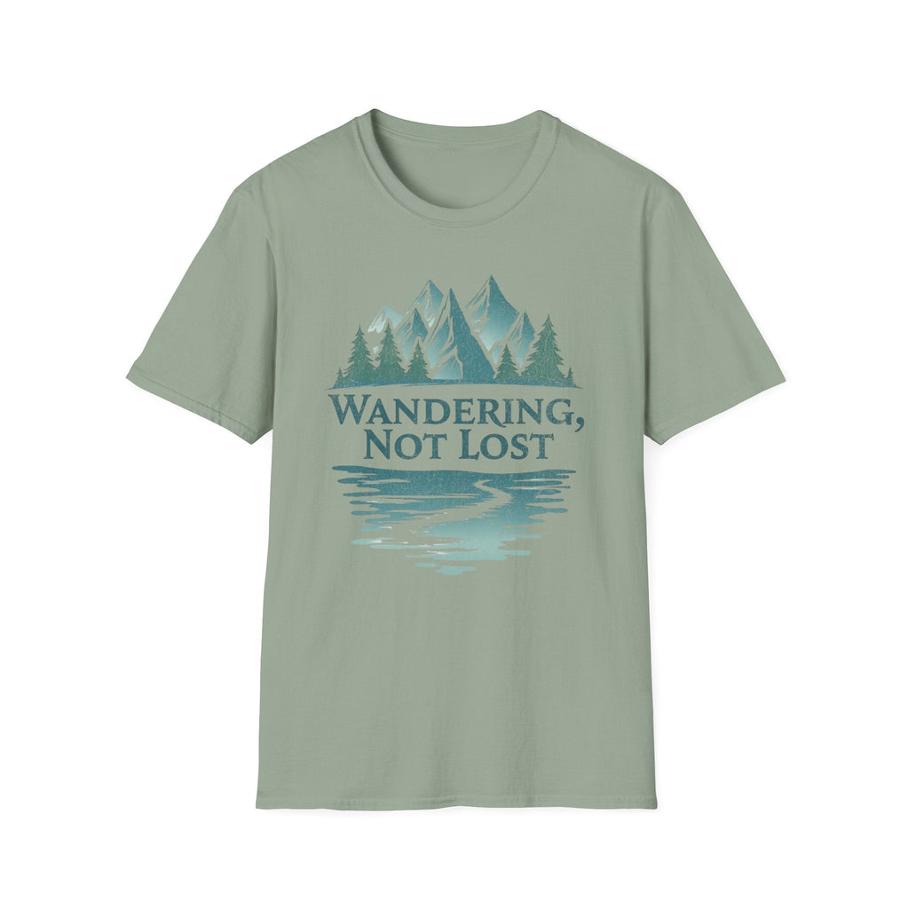 Printify T-Shirt Sage / S Wandering Not Lost T-Shirt, Nature Lover Tee, Adventure Graphic Shirt, Gift for Hikers, Trendy Outdoor Apparel, Camping, Mountain lover